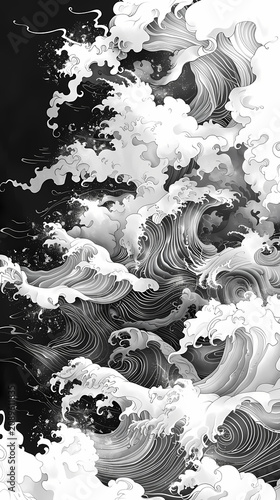 Highly detailed traditional ukiyo-e style black and white wave illustration featuring a massive ocean wave with intricate foam crests, a full moon, soaring seabirds, 