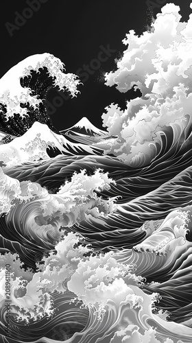 Highly detailed traditional ukiyo-e style black and white wave illustration featuring a massive ocean wave with intricate foam crests, a full moon, soaring seabirds, 