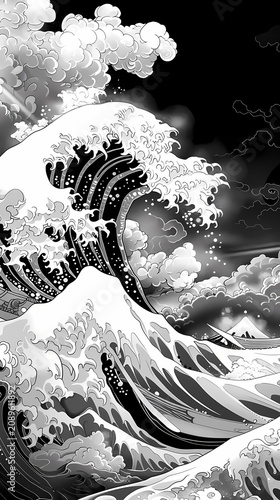 Highly detailed traditional ukiyo-e style black and white wave illustration featuring a massive ocean wave with intricate foam crests, a full moon, soaring seabirds, 