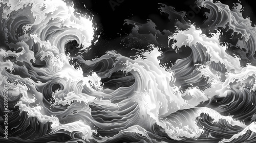 Highly detailed traditional ukiyo-e style black and white wave illustration featuring a massive ocean wave with intricate foam crests, a full moon, soaring seabirds, 