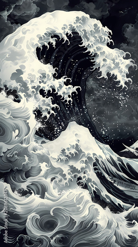 Highly detailed traditional ukiyo-e style black and white wave illustration featuring a massive ocean wave with intricate foam crests, a full moon, soaring seabirds, 