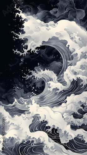 Highly detailed traditional ukiyo-e style black and white wave illustration featuring a massive ocean wave with intricate foam crests, a full moon, soaring seabirds, 
