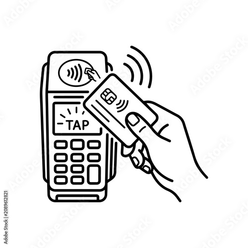 Contactless payment vector illustration featuring a hand tapping a credit card on a terminal for secure financial transactions