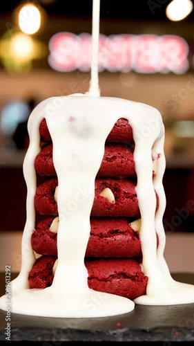 A tall stack of red velvet cookies with white icing is poured on top in a restaurant.