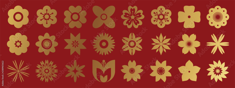 Obraz premium Chinese and Japanese floral elements set. Vector luxury gold flower motifs on red background for New Year decorations, festive cards and seasonal celebration designs