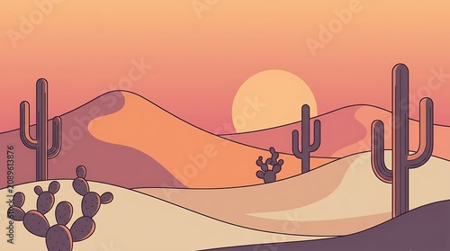 Minimalist vector illustration of desert scenery with rolling sand dunes and saguaro cacti under a warm sunset gradient sky