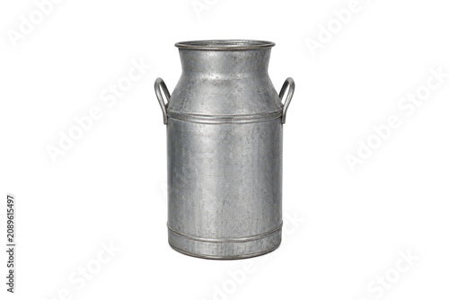 Obraz na płótnie Vintage galvanized metal milk can with side handles and an open top, isolated on a clean white background