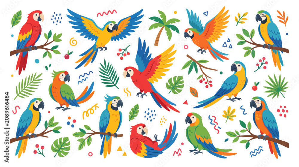 Obraz premium Tropical Parrot Macaw and Exotic Leaf Illustration Collection