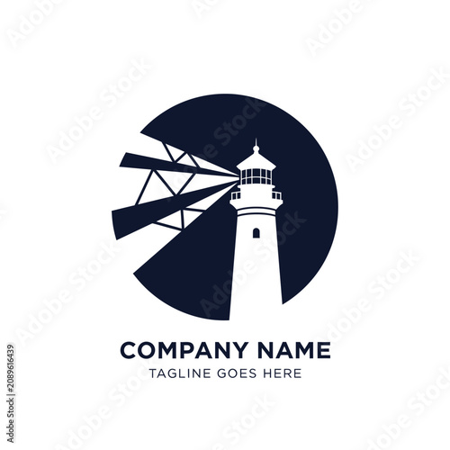 Lighthouse and starry night circular logo.