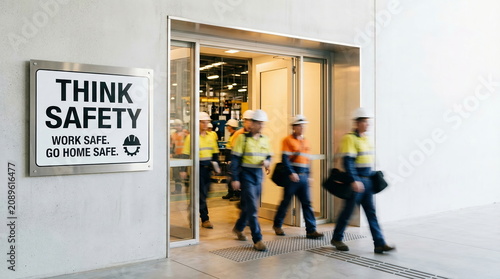 Industrial workers exiting facility past Think Safety sign, emphasizing occupational health and safety protocols.