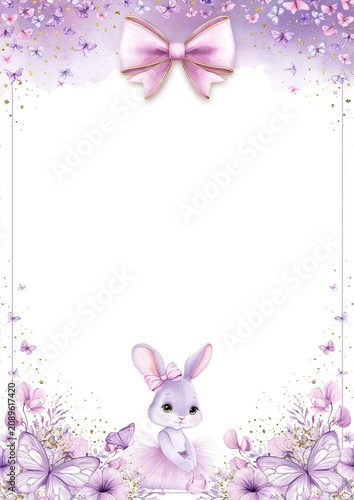 Cute bunny in tutu with pink bow surrounded by butterflies and flowers