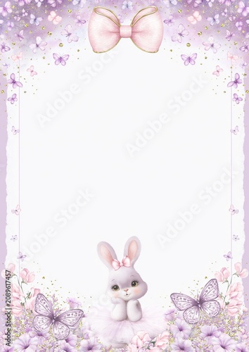 Frame with cute bunny in tutu and pink bow surrounded by butterflies