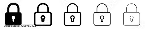 Set of closed lock icons, symbols for security, protection, privacy, access restriction, and encryption. Vector illustration