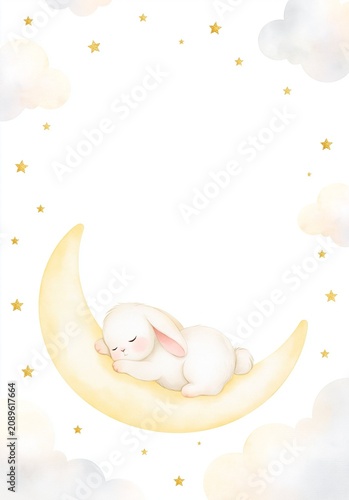 Sleeping white bunny on crescent moon surrounded by stars and clouds