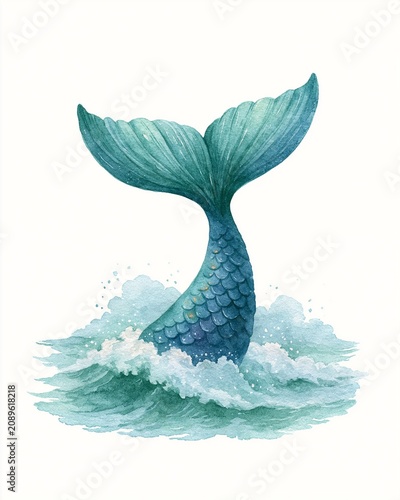 Watercolor painting of a blue mermaid tail splashing in sea waves