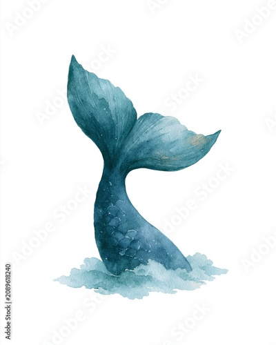 Watercolor painting of blue mermaid tail splashing emerging from water