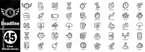 Deadline icon set. Featuring line art style illustrations of clocks, calendars, timers, countdowns, and planning office work. Vector Illustration.