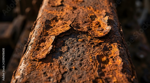 Close-up macro of heavily rusted iron surface with peeling orange and brown layers, industrial decay texture background