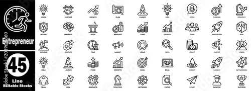 Entrepreneur and business strategy line icons. Featuring startup management professional growth goal planning. Vector Illustration.