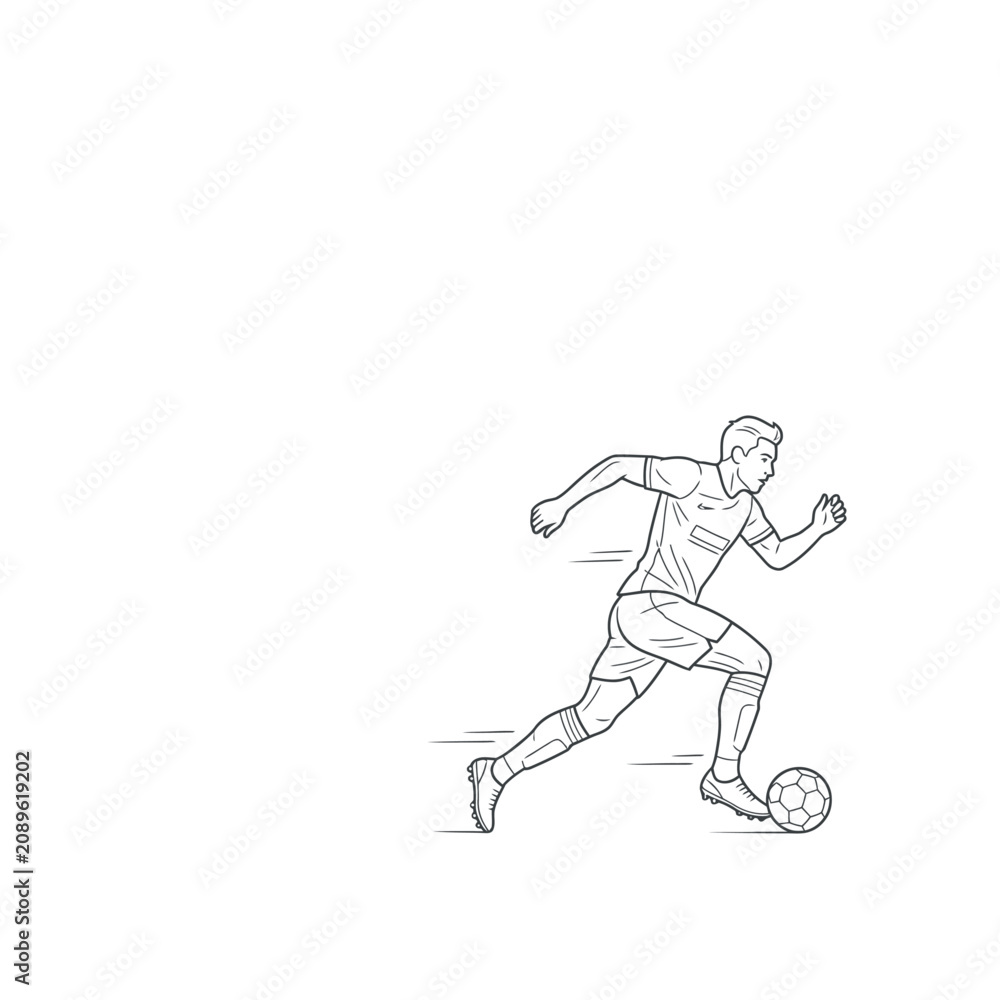 Fototapeta premium Illustration of a soccer player running with a ball at his feet, dynamic sports artwork