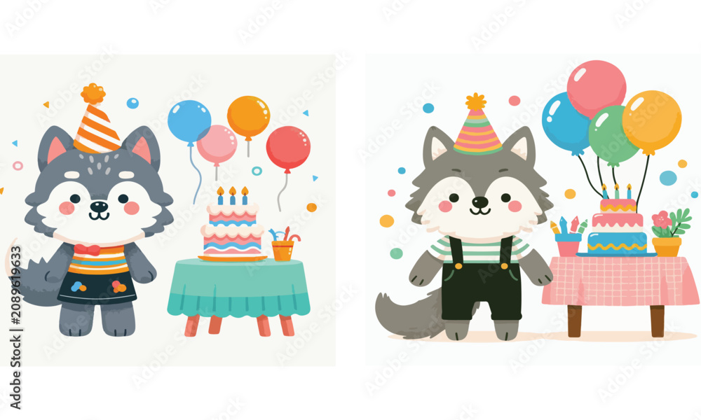 Fototapeta premium Set Of 2 Cute Cartoon Husky Birthday Party Vector Illustrations, Kawaii Wolf With Cake Balloons And Party Hats For Kids Celebration