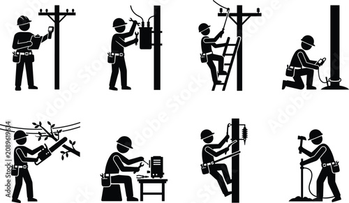 Set of black silhouettes featuring electrical linemen performing maintenance, repair, and utility infrastructure work tasks