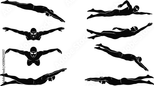 Collection of black silhouette depicting swimmers in different swimming strokes and positions