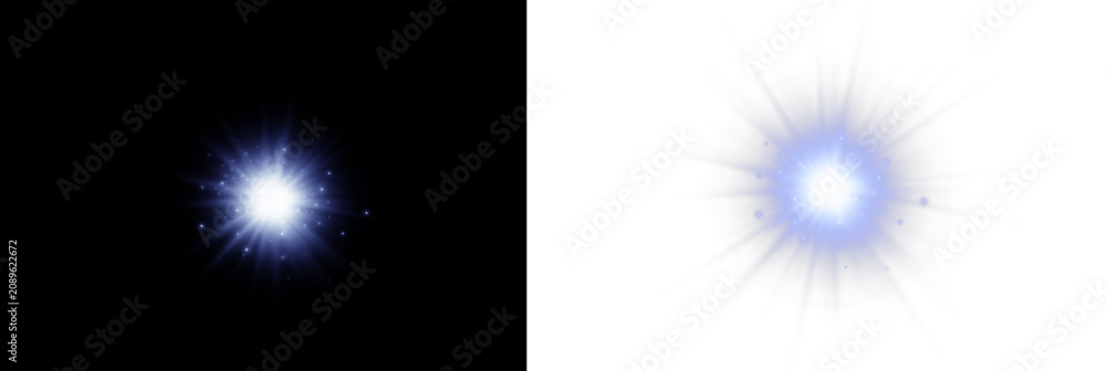 Fototapeta premium Radiant blue flare spark with glowing star rays and transparent overlay PNG. Clean light beams create a vivid optical effect.