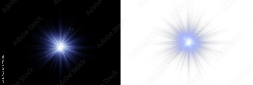 Fototapeta premium Spectacular blue illumination with glowing lens burst on transparent PNG. Radiant lines extend in every direction. Perfect for motion graphics and effects.