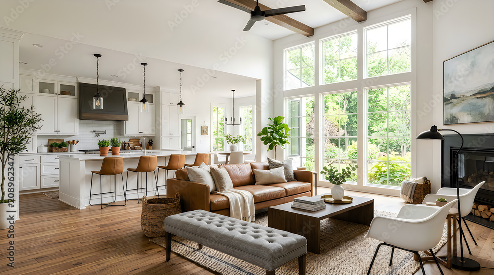 Fototapeta premium Modern open plan living room with leather sofa and kitchen