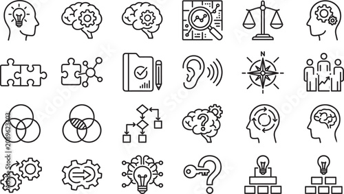 Psychology and cognitive skills outline icon set with brain logic puzzle lightbulb compass scale flowchart and problem solving vectors