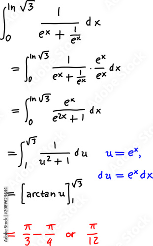 Canvas Print Step-by-step definite integral solution using exponential substitution and inverse tangent, illustrating calculus methods with clear math equations