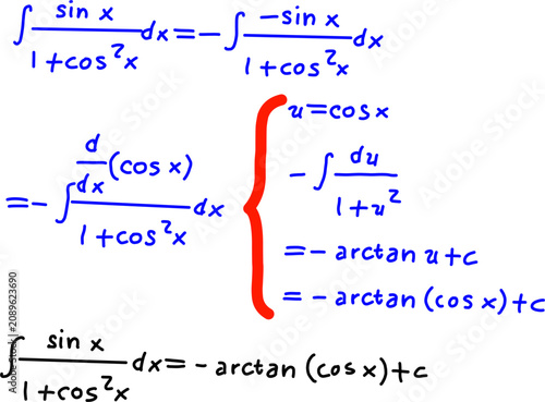 Cuadro en lienzo Step-by-step trigonometric integration using substitution method, simplifying a calculus expression with sine, cosine, and inverse tangent solution