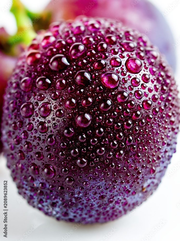 Obraz premium Close-up Macro Shot of Fresh Ripe Purple Grapes Covered in Dew Drops, Revealing Detailed Texture and Vibrant Color