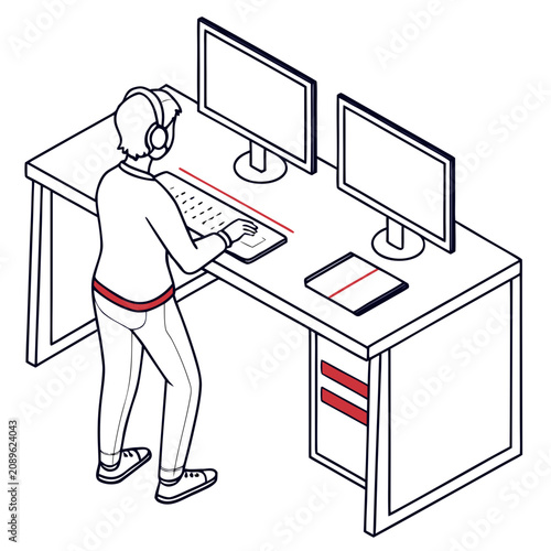 Young man working at standing desk with dual monitors and laptop  
