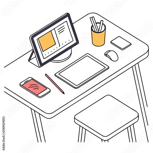 Modern workspace with laptop, tablet, and stationery on a desk  