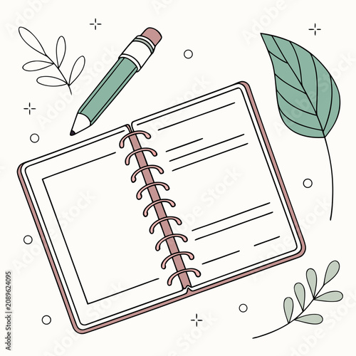 Open notebook with green pen and leaves on light background  