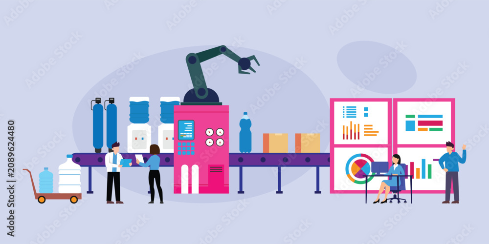 Obraz premium Automated Water Bottling Factory and Production Line with Data Analysis 2d flat vector illustration