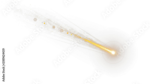 Glowing falling star with golden light trail, celestial meteor streak on white background, magical shooting star effect for design overlays