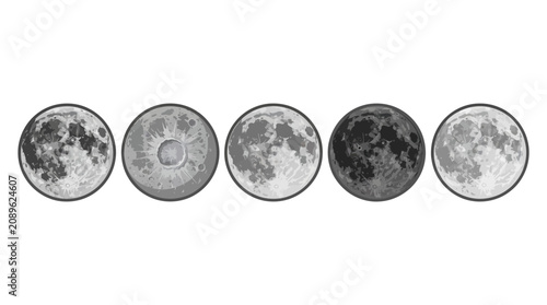 Set of Five Stylized Lunar Surface Variations Featuring Detailed Circular Moon Icons in Monochromatic Grayscale Design