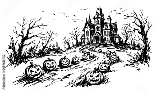 Quadro su tela Haunted house with path of halloween pumpkins and dead trees in detailed ink ske