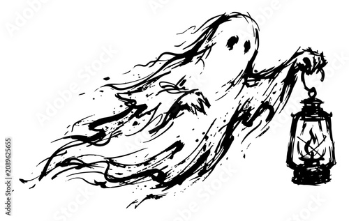 Obraz na plátně Ghost carrying vintage lantern while flying in hand drawn ink sketch style