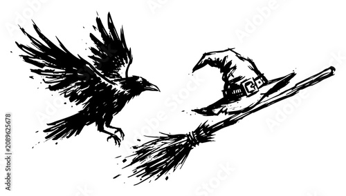 Photos Flying raven approaching witch hat and broomstick in artistic ink sketch style