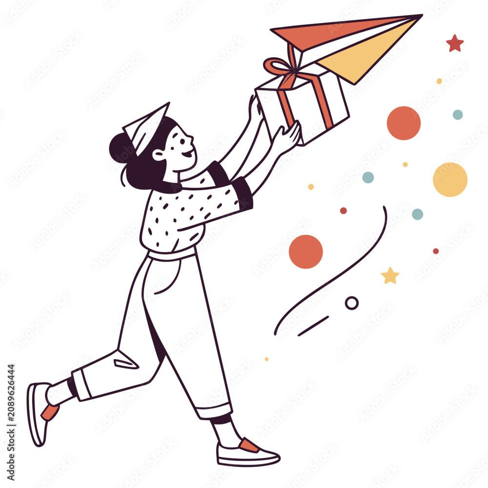 Fototapeta premium Woman joyfully throwing paper airplane with gift in colorful background 