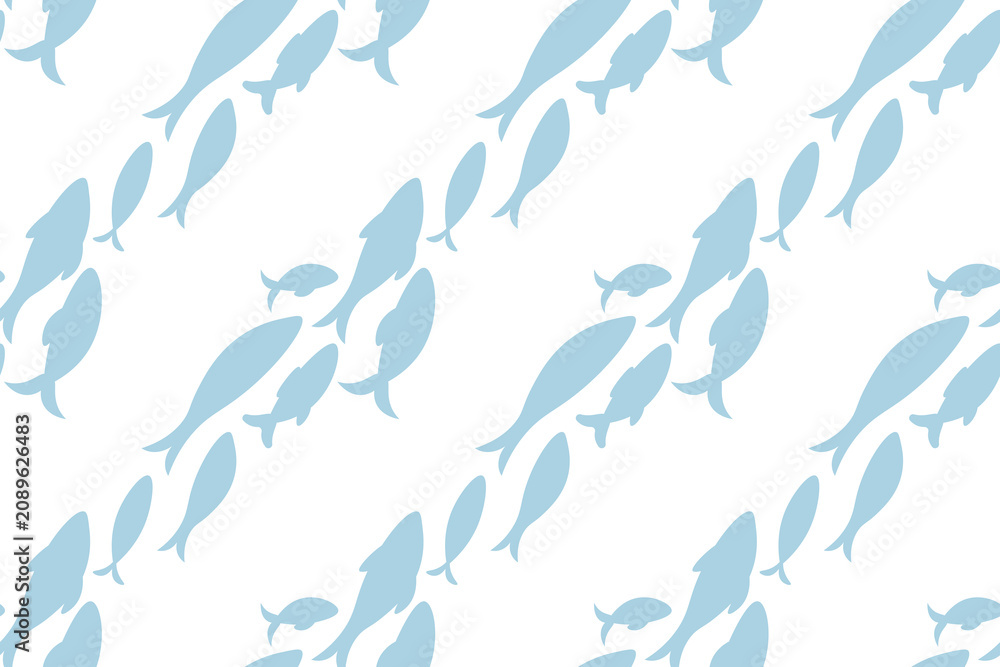 Fototapeta premium Minimalist seamless pattern featuring light blue fish silhouettes swimming diagonally across a white background. Elegant repeating coastal design for textiles, wallpaper, and wrapping paper.