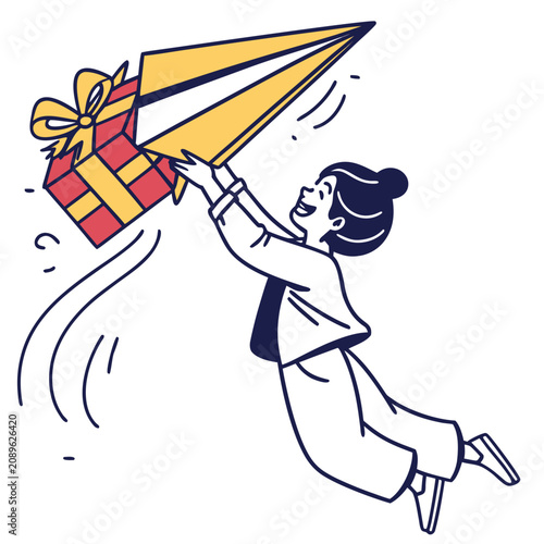 Girl joyfully flying with a gift in a paper plane illustration  