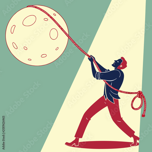 Man pulling a large moon with a rope in a stylized illustration  
