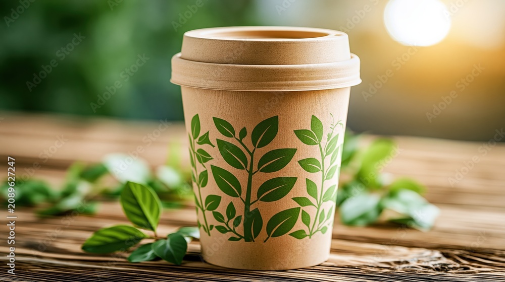 Obraz premium Eco-friendly disposable coffee cup with plant leaf design on wooden table, promoting sustainable takeaway beverage consumption