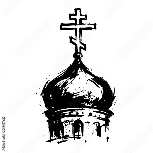 Bild auf Leinwand Orthodox church onion dome with cross in ink sketch style