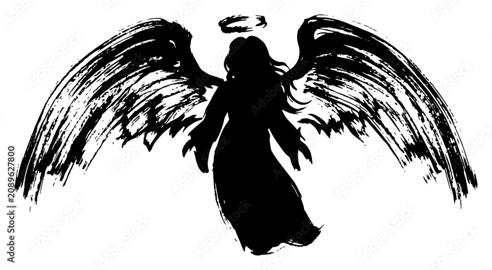 Obraz premium Angel silhouette with large wings and halo in hand drawn ink sketch style